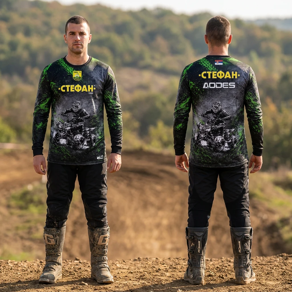 ATV i motokros dres Sportex — model 10 Stefan Aodes, crno-zeleni dres sa motivom ATV vozača i zastavom Srbije, prednji i zadnji prikaz