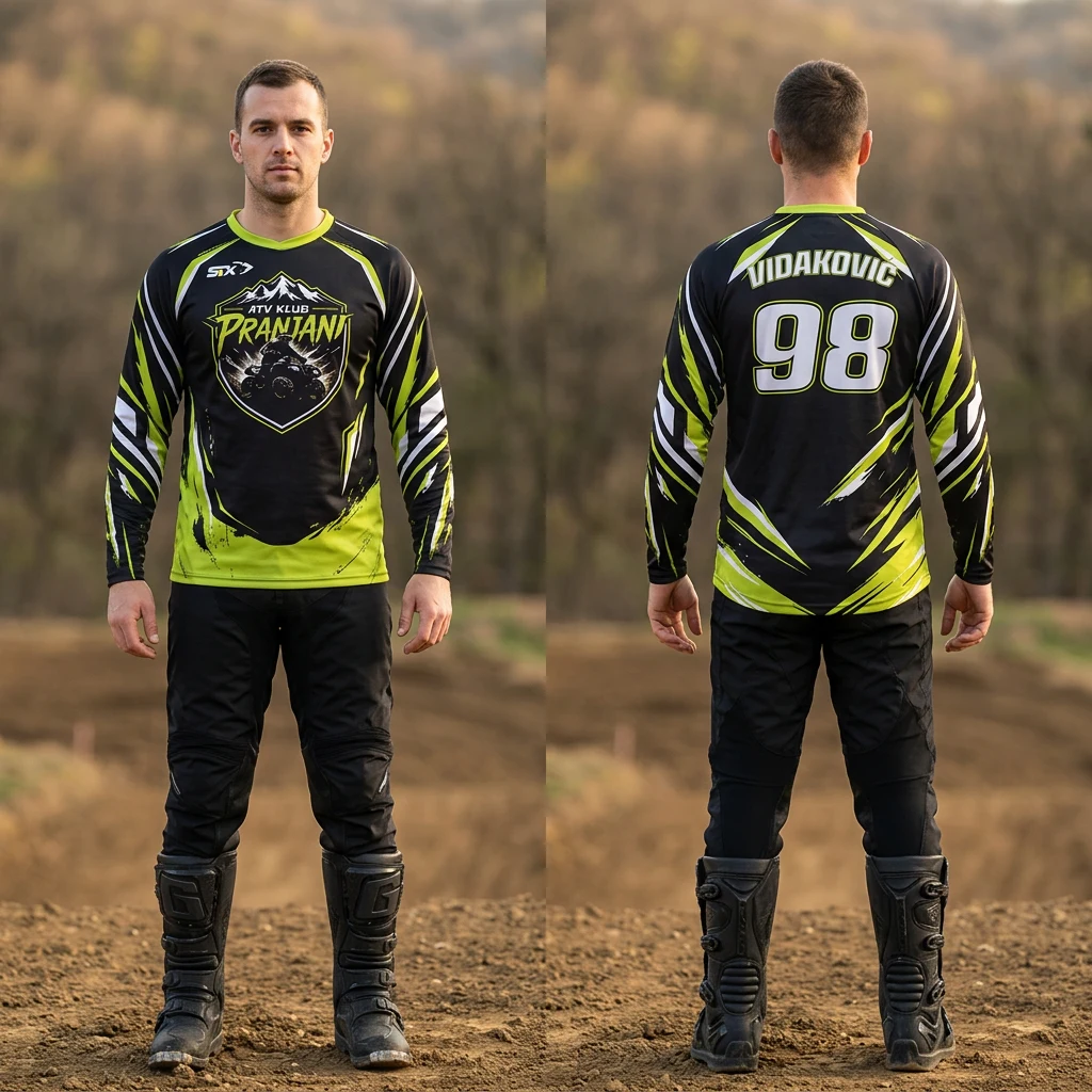 ATV i motokros dres Sportex — model 5 ATV klub Pranjani, crno-limeta dizajn sa belim detaljima i brojem 98 na leđima