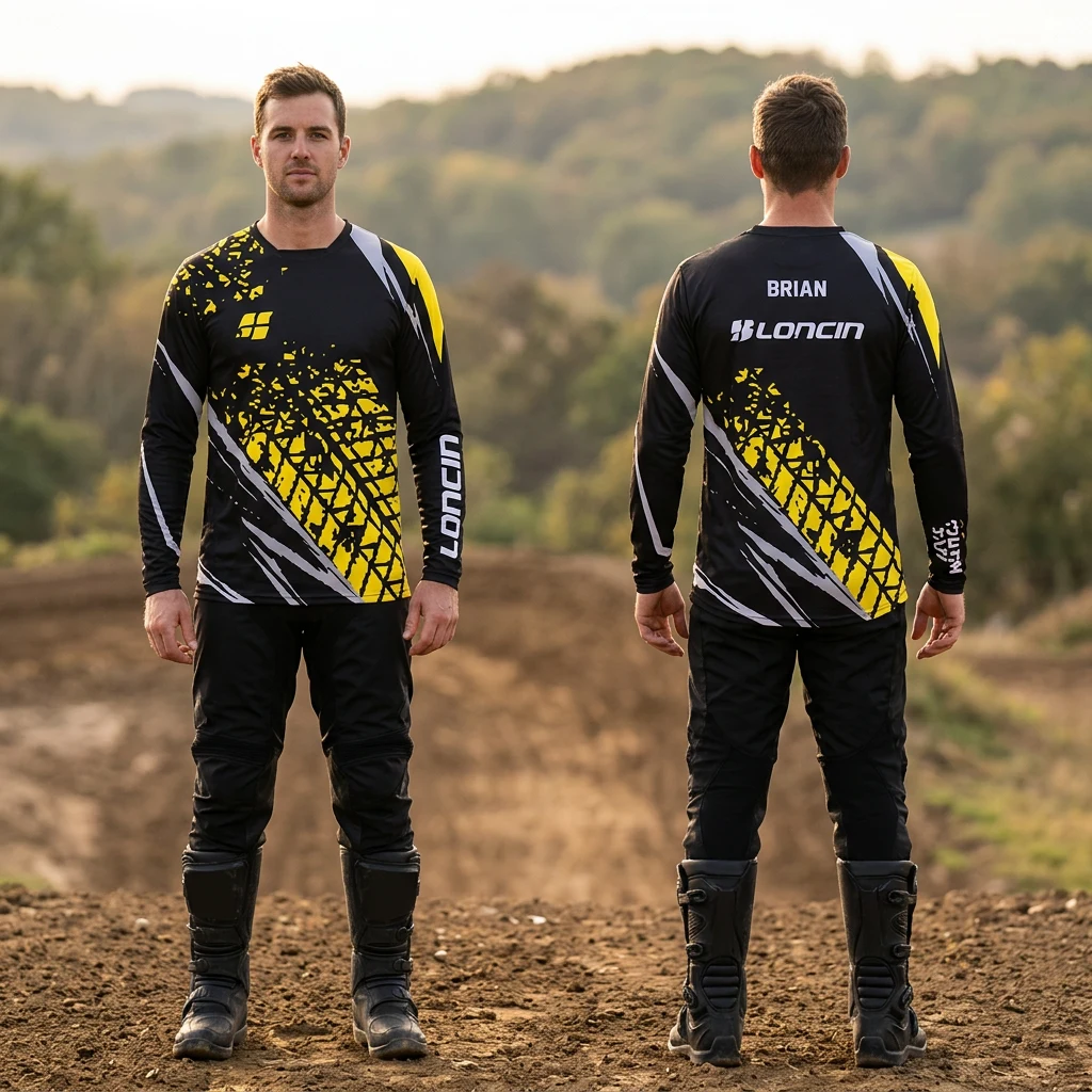 ATV i motokros dres Sportex — model 9, crno-žuti dres sa belim detaljima i natpisom BRIAN na leđima, prednji i zadnji prikaz