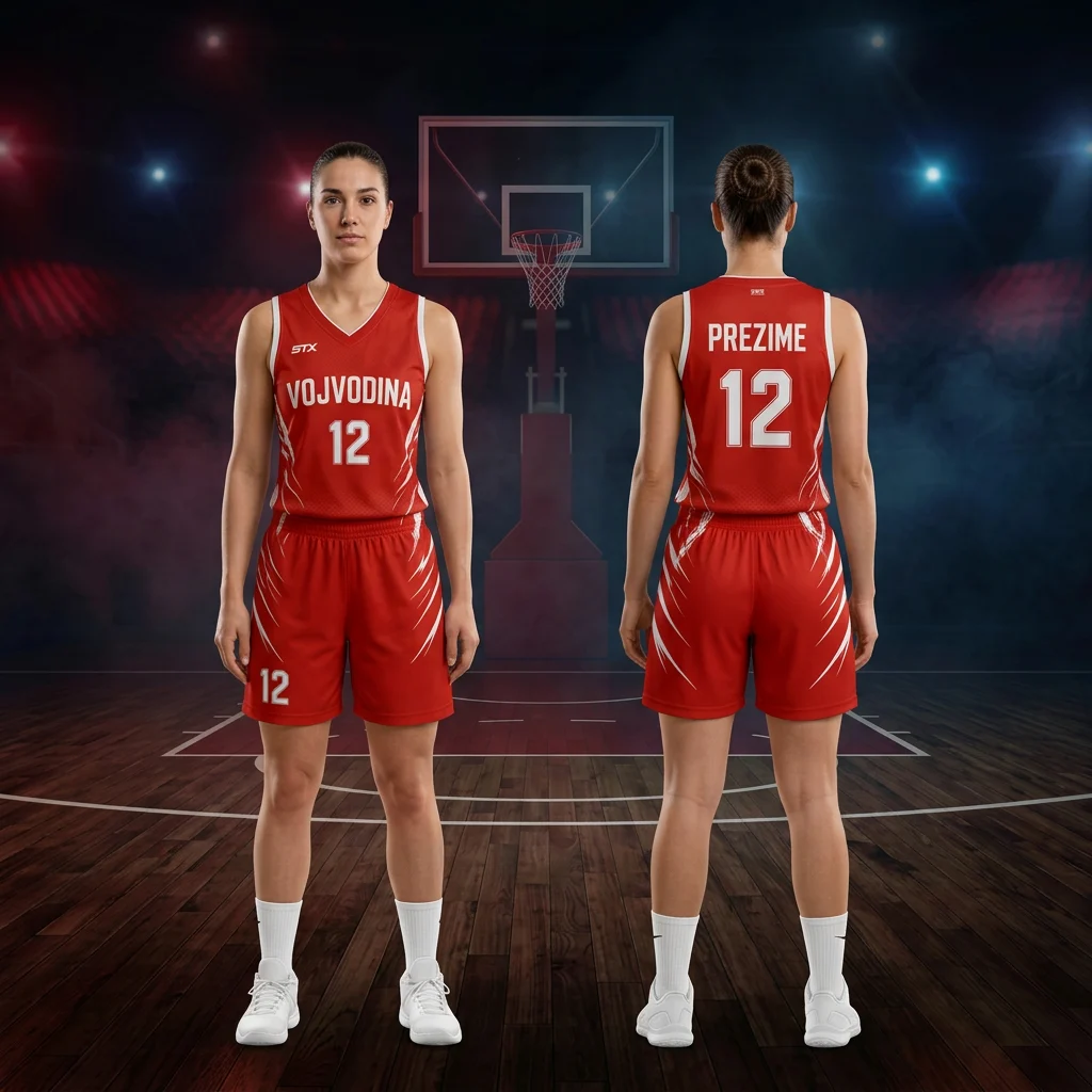 Košarkaški dres i šorc Sportex — model 24, crveno-beli ženski komplet Vojvodina sa brojem 12, prednji i zadnji prikaz na košarkašicama