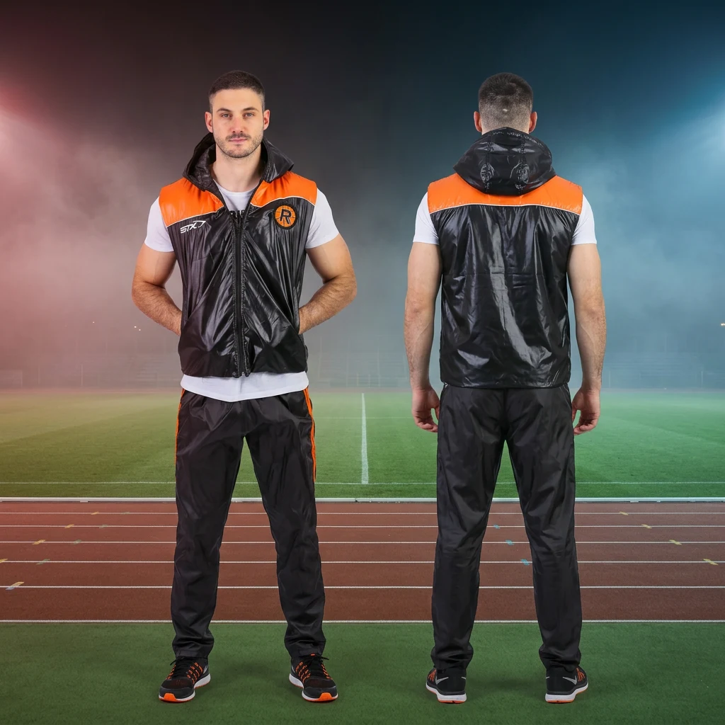 Crno-narandžasti sportski prsluk sa grbom — prednji i zadnji prikaz — Sportex model 2