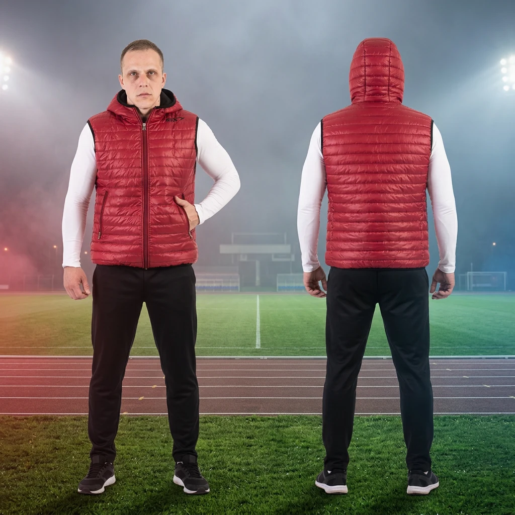 Crveni prošiveni prsluk sa kapuljačom — prednji i zadnji prikaz — Sportex model 3