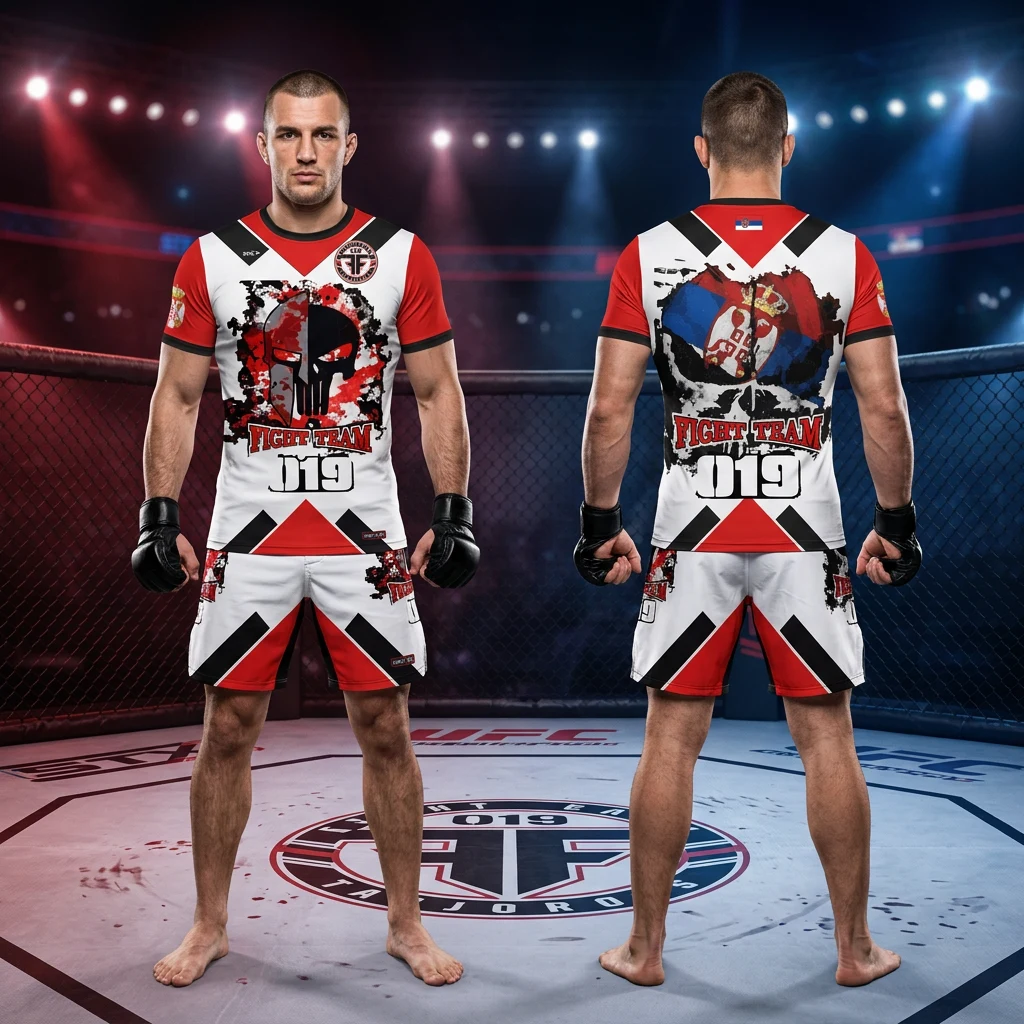 MMA sportski komplet Sportex — model 11, prednji i zadnji prikaz opreme na borcima u oktagonu