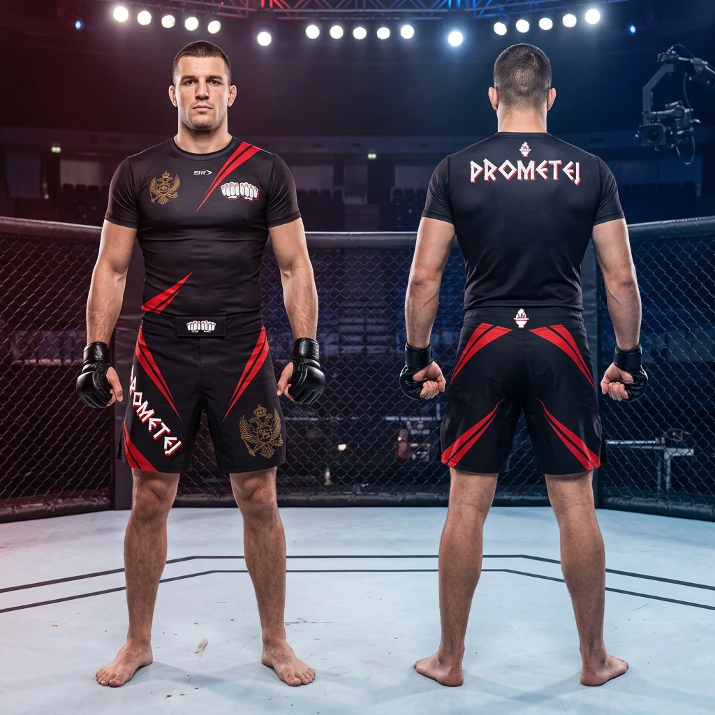 MMA sportski komplet Sportex — model 15, prednji i zadnji prikaz opreme na borcima u oktagonu