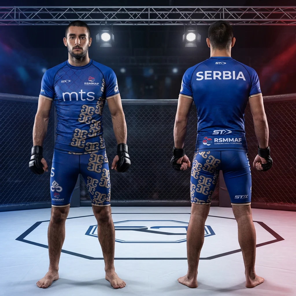 MMA sportski komplet Sportex — model 4, prednji i zadnji prikaz opreme na borcima u oktagonu