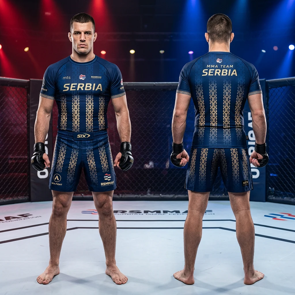 MMA sportski komplet Sportex — model 6, prednji i zadnji prikaz opreme na borcima u oktagonu