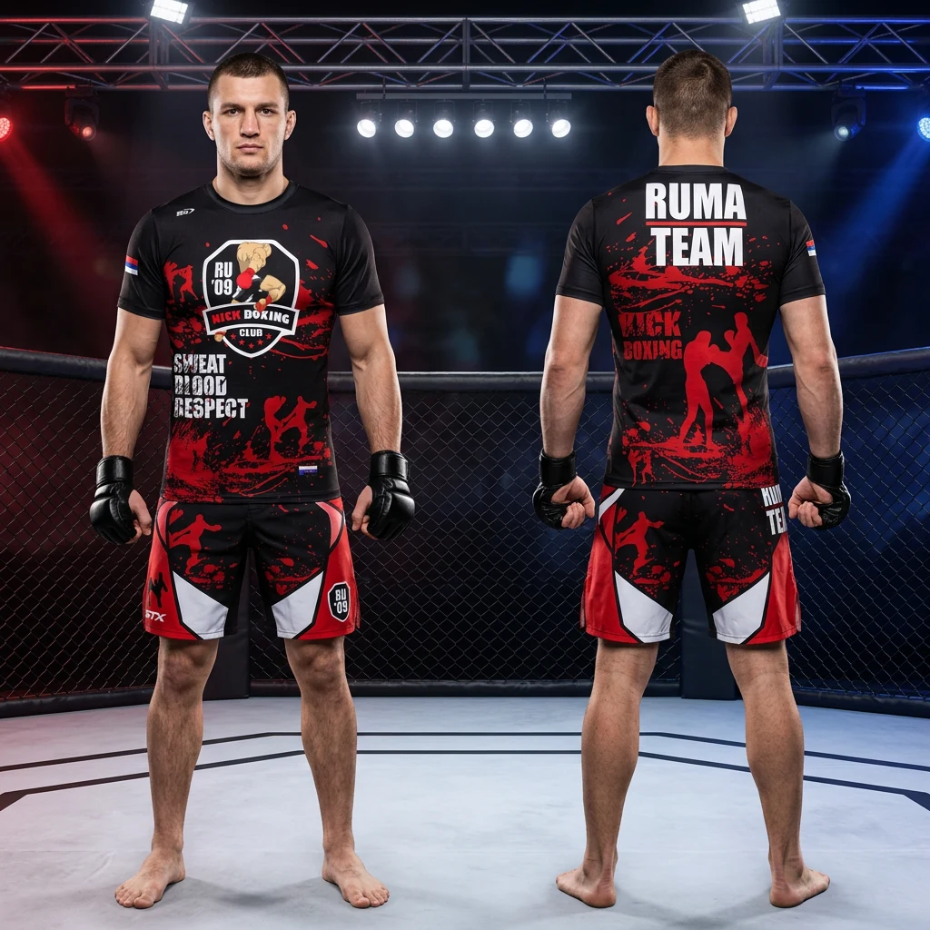 MMA sportski komplet Sportex — model 8, prednji i zadnji prikaz opreme na borcima u oktagonu
