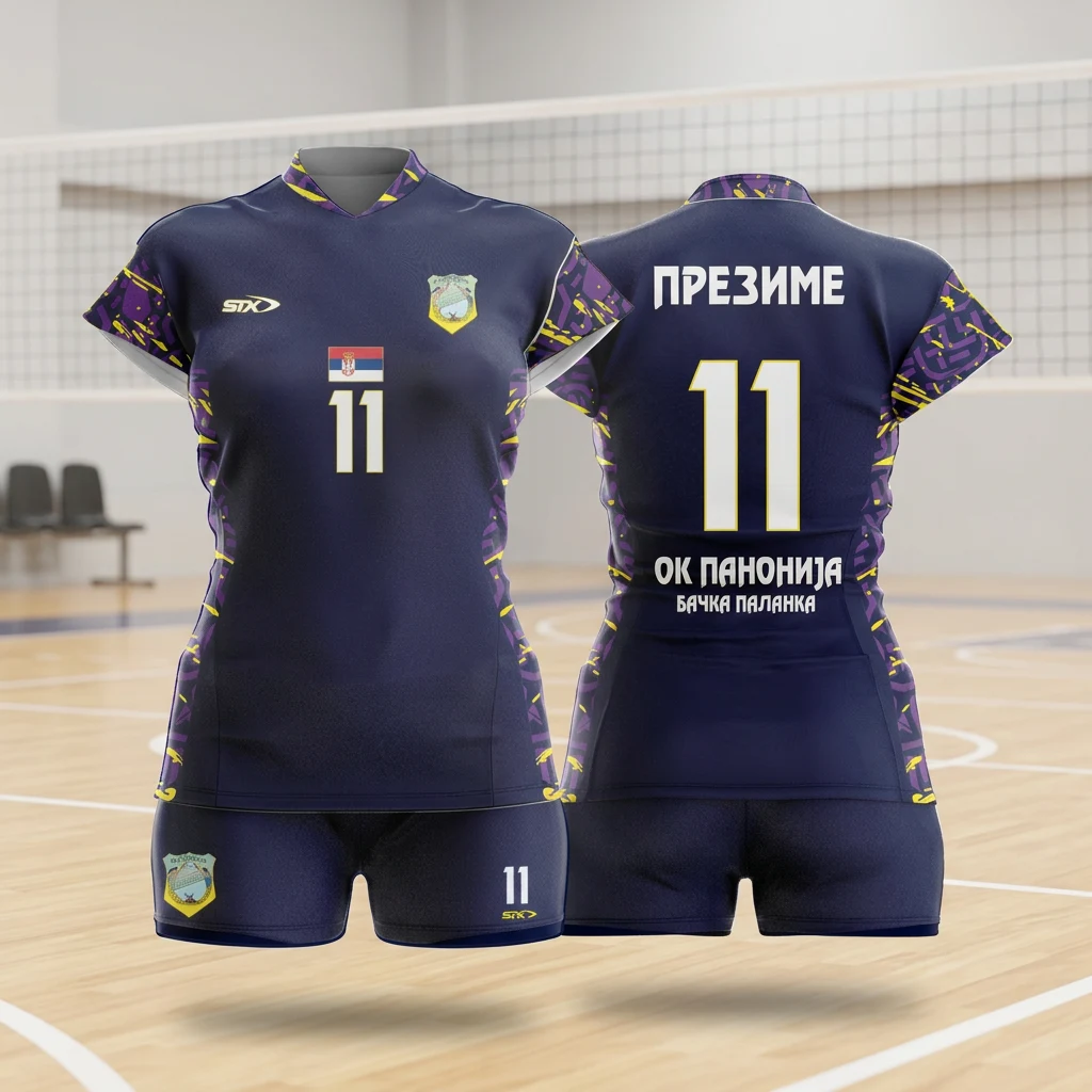 Odbojkaški dres i šorc Sportex — model 14, prednji i zadnji prikaz klupskog kompleta na odbojkaškom terenu